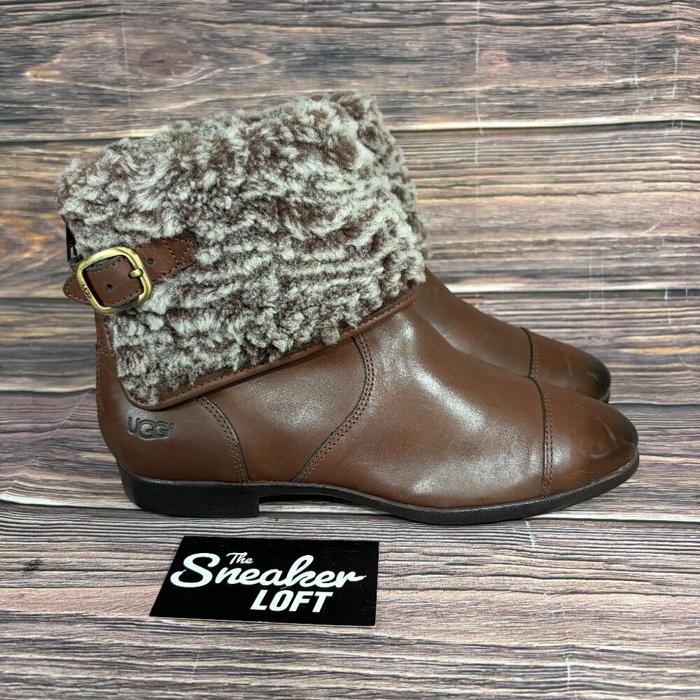 Ugg Women's Inez Round Toe Ankle Boot‎ Fold Over Cuff Brown Boots Size 8